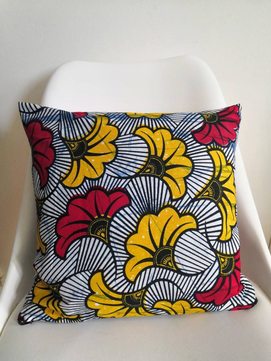 Housse de Coussin Wax - Fleur Jaune Rouge Dls