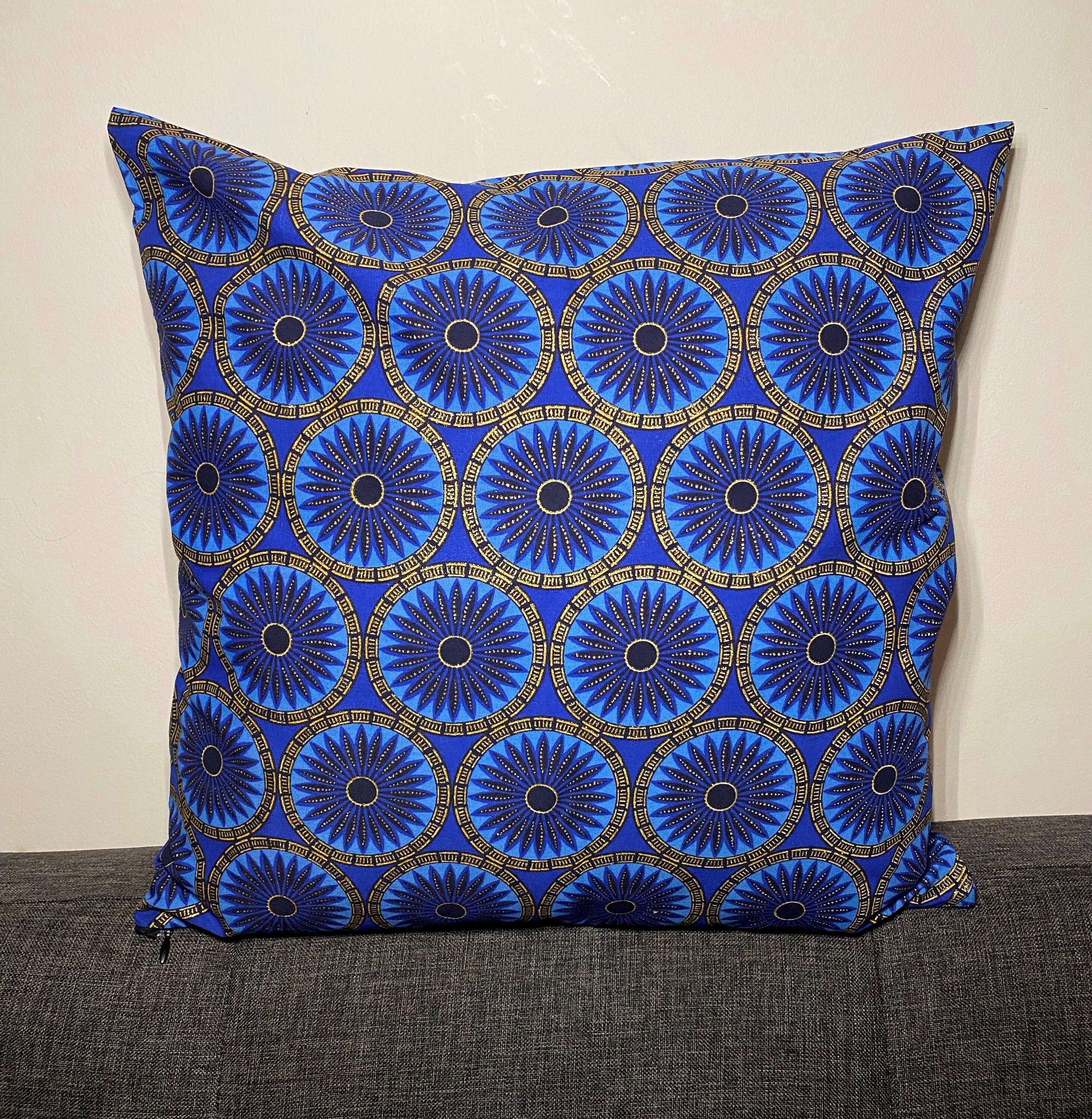 Housse de Coussin - Wax Satiné Rosace Bleu Doré