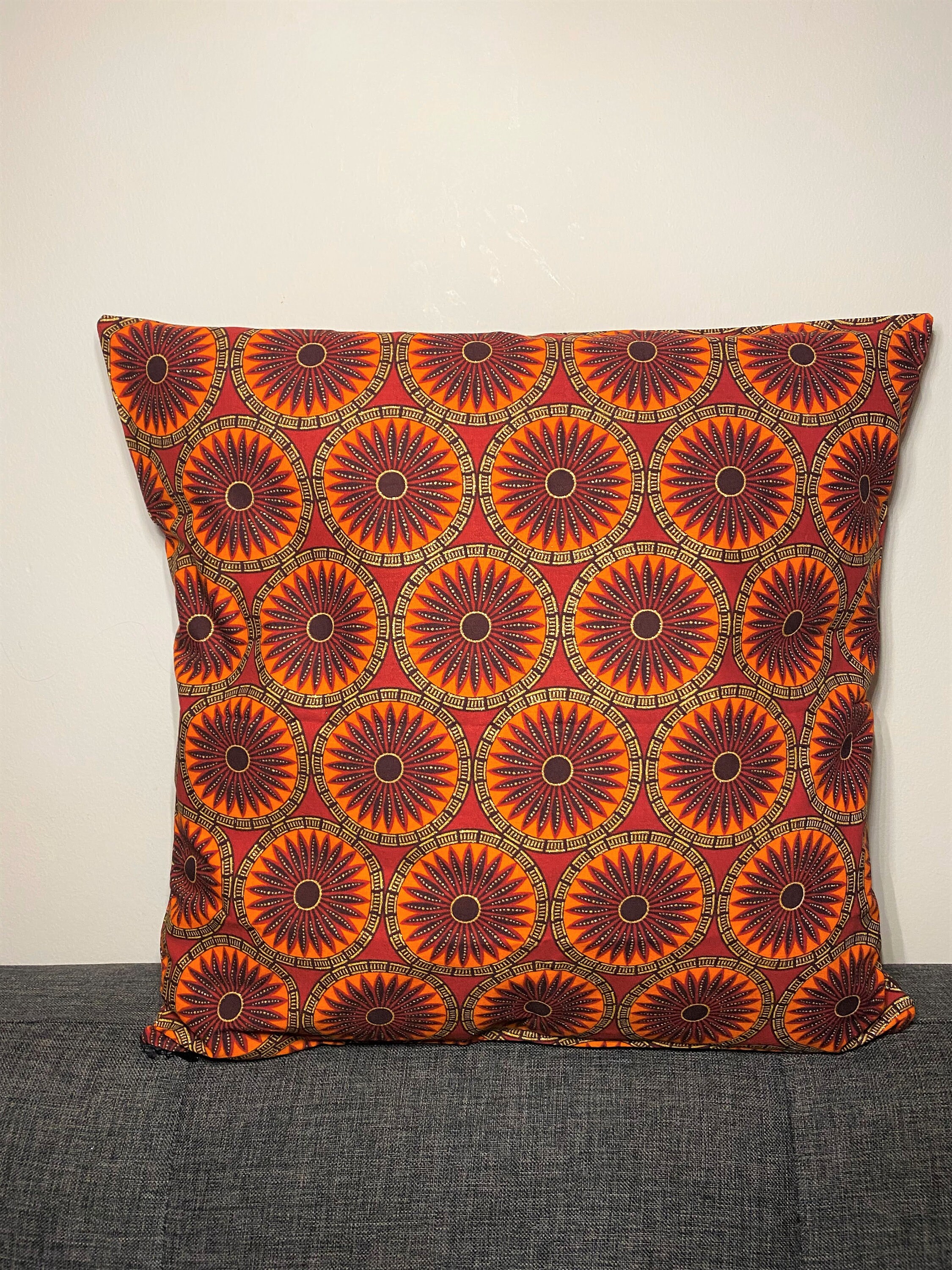 Housse de Coussin - Wax Satiné Rosace Rouge Orangé Doré