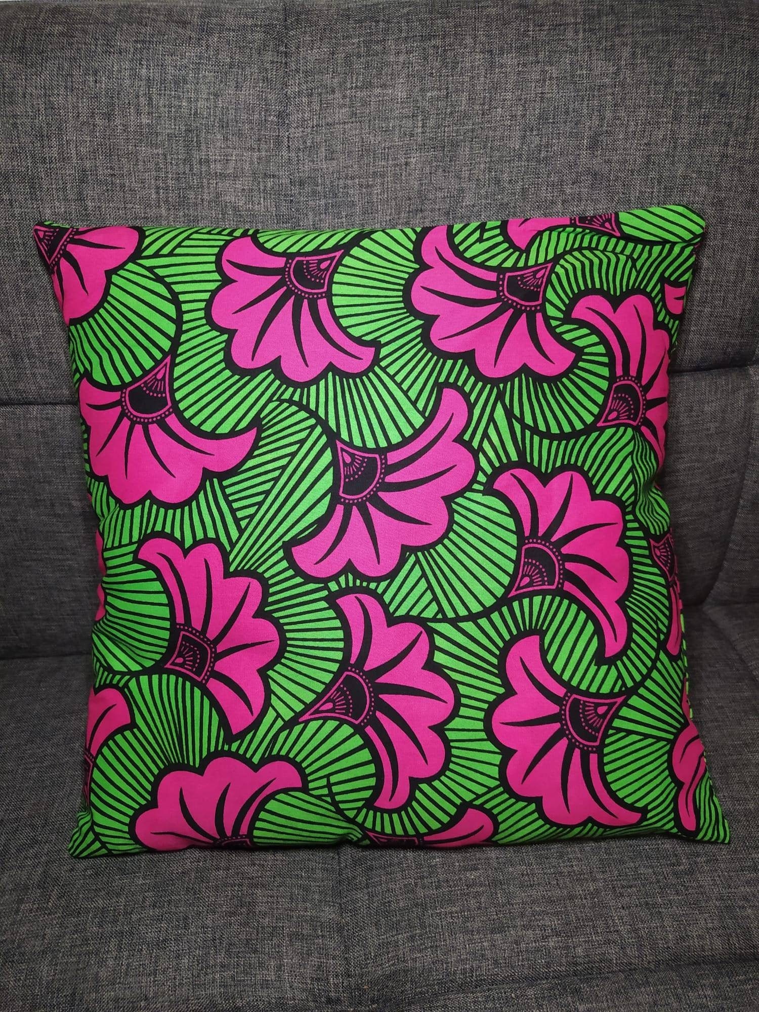 Housse de Coussin Wax - Fleur Rose sur Vert