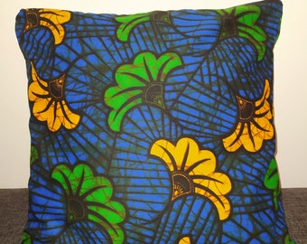 Wax cushion cover - Orange/Green wedding flower on Blue