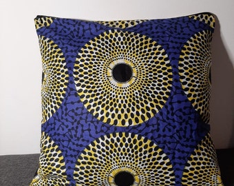 Housse de coussin wax - Cercles Jaune/bleu