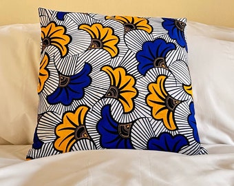 Housse de coussin wax - Fleur de mariage Bleu/jaune - 100% Coton