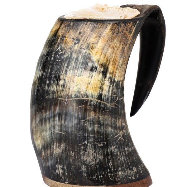 Viking Drinking Horn Mug - Handmade Large Horn Mug Tankard - 12 to 40 oz. Natural Drinking Horn Mug - Natural Shine Finish- 100%  Food Grade