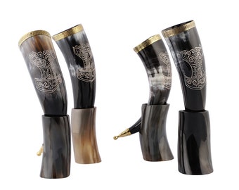 Lot of 10 Viking Drinking Horn with Stand & Thor Hammer Engraved, Best Father's Day Gift, Food Grade Handmade Beer Cup 12-15 Oz.