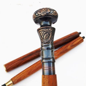 Rosewood Crafted Handmade Walking Stick Cane Knob Head Stick | Brass Decorative Bars Inlay | Solid Wood Shaft