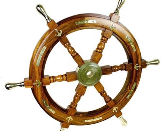 Wooden Ship Steering Wheel | Pirate Rustic Captain Ship Wheel | Nautical Wheel Brass Anchor Ships Steering Wheel (All size Available)