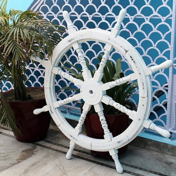 Handcrafted Distress Gaston Turcotte Ship Wheel Wooden Captain Boat Steering Wheel, Pirate Ship's Wheel Christmas Décor Gift
