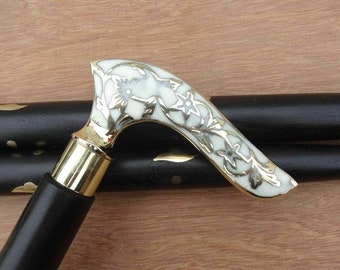 White Flower Leaf Vintage Black Wooden Walking Stick Cane for Seniors, Gift for Men and Women Handmade Design Gift Everyday Use,