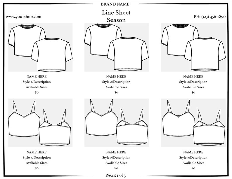 Line Sheet Template Fashion Design Product Catalog Adobe Illustrator Etsy