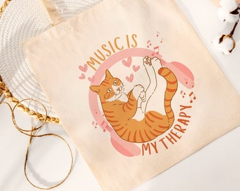 Orange Tabby Cat-Music is my Therapy Tote Bag | Orange Tabby Cat Bag | Orange Tabby Cat Mom/Dad Gift Ideas Music & Cat Lovers Canvas Bag