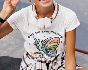 Nonbinary Pride T-Shirt: Retro Rainbow Butterfly Genderfluid Tee