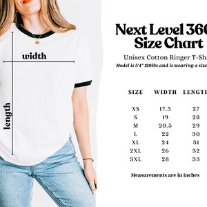 May include: Size chart for a unisex cotton ringer t-shirt. The chart shows the width and length measurements in inches for sizes XS to 3XL.