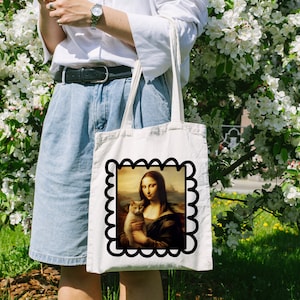 Mona Lisa Inspired Tote Bag Art Student Gift Gray Tabby Cat Grocery Bag Cat Mom Gift for Sister Crazy Cat Lady Gift Cool Cat Parents Gift