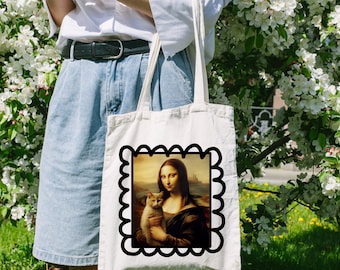 Bolsa de mano con diseño de gato Mona Lisa: regalo para mamá gata atigrada gris