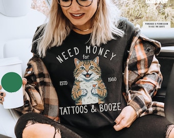 Camiseta de tatuaje tradicional americano, camiseta de gato parodia, camiseta tatuada y empleada, regalo para mamá de gato, regalo para papá de gato, regalo divertido para gatos, gato con tatuajes