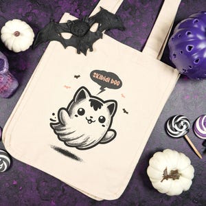 猫ゴーストトートバッグ 猫好きへのギフト ハロウィン キャンバストートバッグ スキビディブー トイレ猫ママへのギフト 不気味な子猫ハロウィンバッグ トリックオアトリートバッグ
