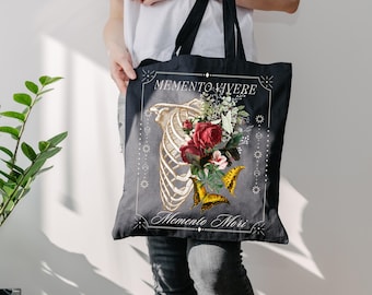 Memento Mori Black Canvas Tote Bag Dark Academia Memento Vivere Memento Mori Tote Bag Grunge Botanical Moth Gothic Bag Goblincore Whimsigoth