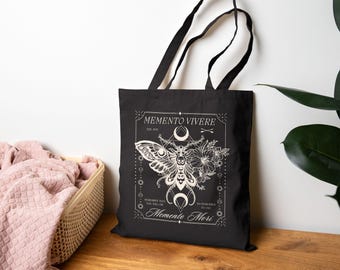 Memento Mori Black Canvas Tote Bag Dark Academia Memento Vivere Memento Mori Tote Bag Grunge Botanical Moth Gothic Bag Goblincore Whimsigoth