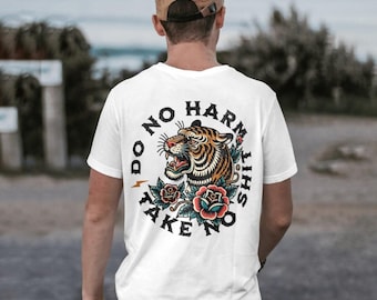 Do No Harm Take No Shit Rock N Roll Boho Tee, American Traditional Tattoo Tee, Vintage Rock N Roll Boho Shirt with Tiger and Roses