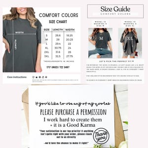 May include: A size chart for a Comfort Colors 1717 unisex tee shirt, with measurements in inches. The chart includes sizes S to 3XL, with length and width dimensions. Also included is a size guide with models wearing M and XL shirts.