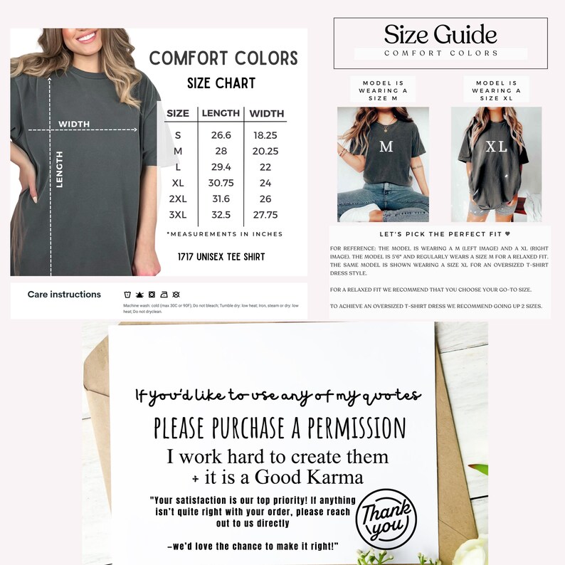 May include: A size chart for a Comfort Colors 1717 unisex tee shirt, with measurements in inches. The chart includes sizes S to 3XL, with length and width dimensions. Also included is a size guide with models wearing M and XL shirts.