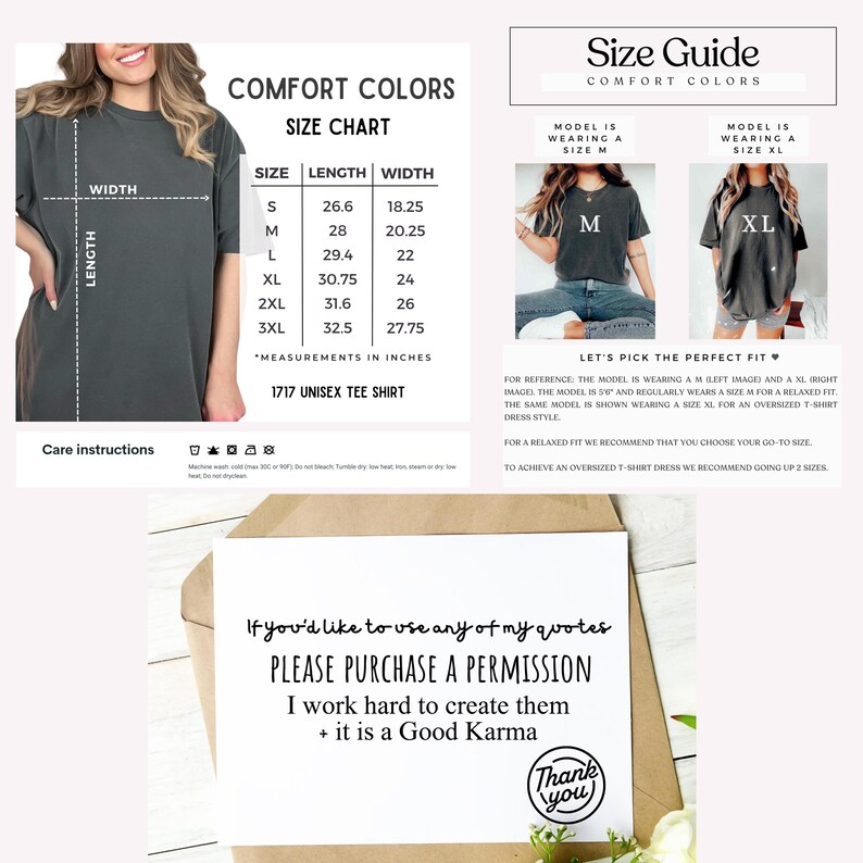 Puede incluir: Una tabla de tallas para una camiseta unisex con medidas en pulgadas. La tabla muestra la longitud y el ancho de la camiseta en diferentes tallas, desde la S hasta la 3XL. La tabla tambi&eacute;n incluye instrucciones de cuidado para la camiseta. El texto "If you'd like to use any of my quotes PLEASE PURCHASE A PERMISSION I work hard to create them + it is a Good Karma Thank you" est&aacute; impreso en una tarjeta blanca.
