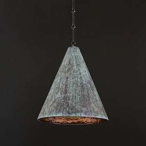 15” Tall Bronze Plaster Cone Pendant Light | Hand-Finished Hanging Light with Aged Metallic Patina | Reinforced Textured Plaster |