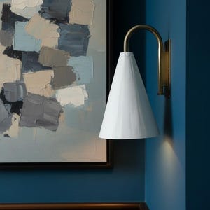 Swan Neck Plaster Cone Wall Light With Bent Brass Stem & Machined Rectangular Backplate