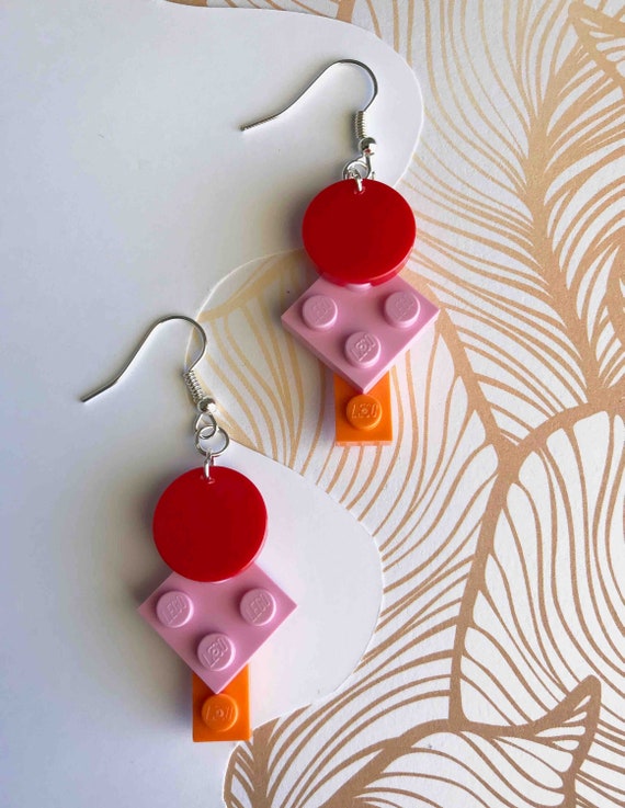 FREE POST Red Lime Lavender Pink LEGO Dangle Brick Earrings