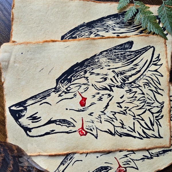 Wolf's Blood | Handmade Vintage-Style Illustrated Wolf Ink Block Print on Handmade Cotton Paper