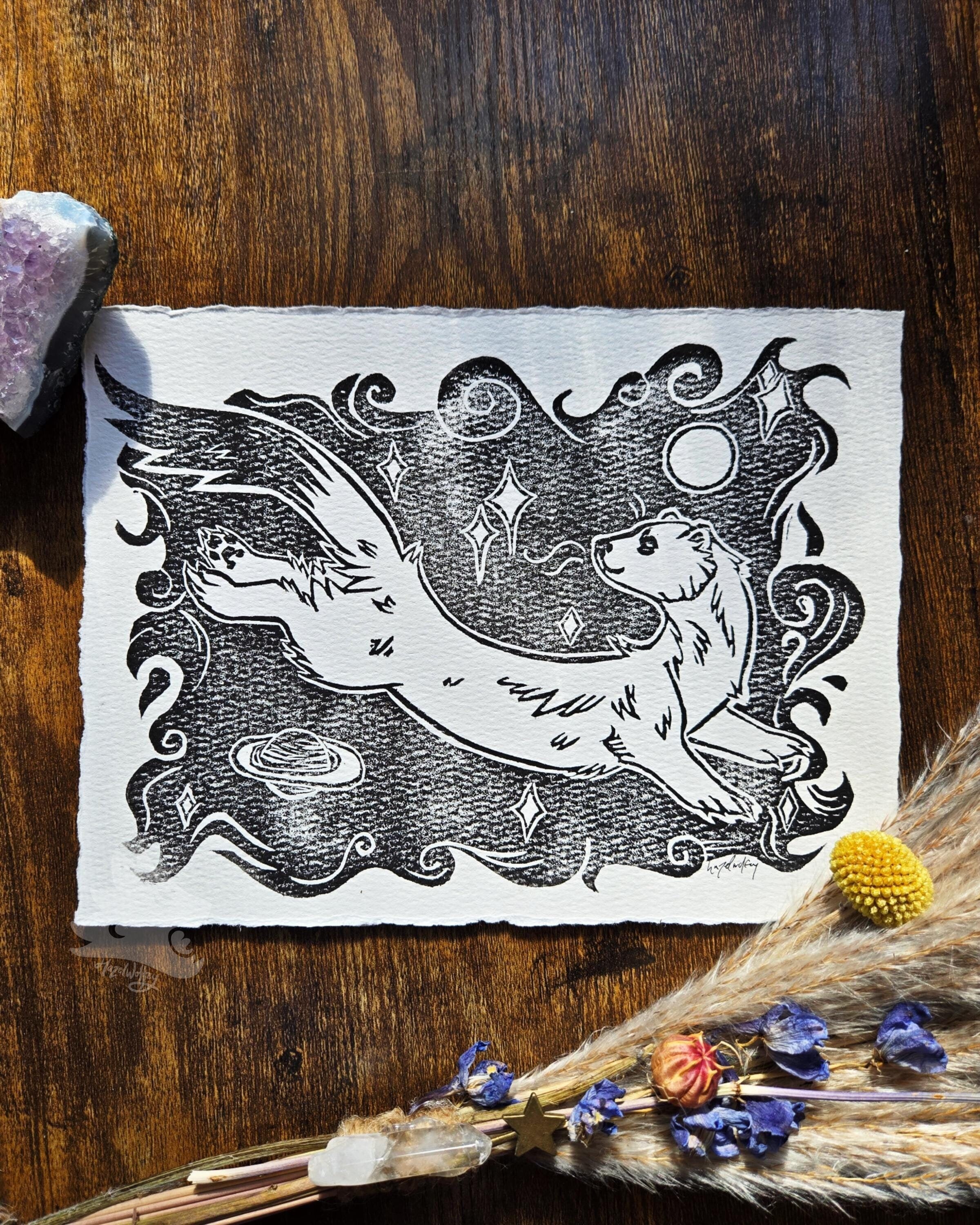 Space Cadet | Handprinted Outer Space Stoat Block Print made with Handmade Cotton Paper
