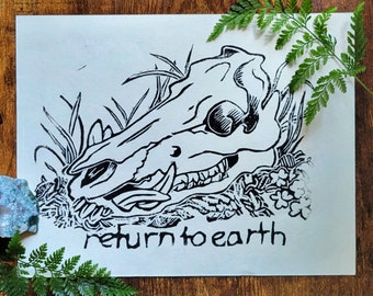 Return to Earth | Handmade Illustrated Boar Skull Ink Block Print