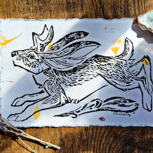 Hare of Legend | Handmade Illustrated Jackalope Ink Block Print