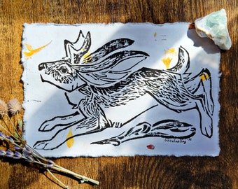 Hare of Legend | Handmade Illustrated Jackalope Ink Block Print