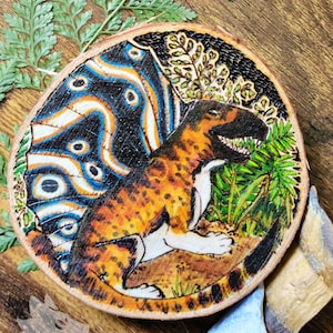 Ancient Summers | Handmade Wood-burned Dimetrodon Art on Live Edge Birchwood Decor