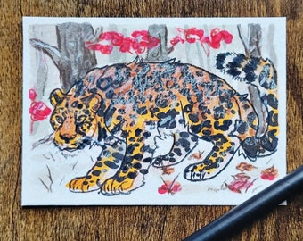 Amur Leopard Mini Illustration | Original Copic Marker & Colored Pencil Mixed Media Drawing