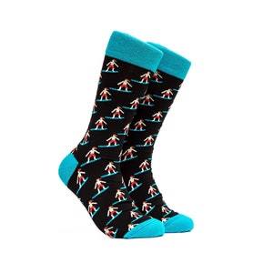 Surfing Socks Mens Gift Groomsmen Crew Socks Best Gift For Him Happy Mid Calf Surf Pattern Socks Hand Black and Blue Socks