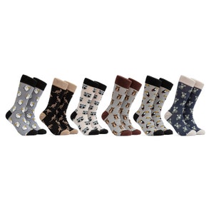 May include: A collection of colorful socks with various animal patterns. Designs include eagles, kangaroos, raccoons, foxes, toucans, and koalas. Each pair features a different color scheme, with contrasting heels and toes.