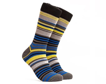 Striped Crew Socks, Blue Yellow Funky Socks Gift