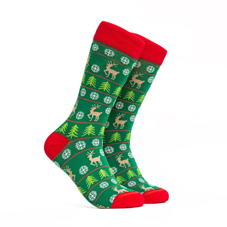Snowflakes Christmas Socks Happy Gift For Him Her Merry Christmas Crew Socks Deer Womens Socks Green Pattern Mid Calf Socks