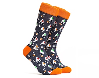 Boat Socks Mens: Sailing Pattern, Handmade Cotton Blend Crew Socks