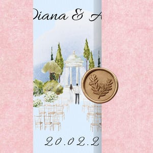 May include: A light blue Save the Date card featuring a watercolour illustration of a wedding ceremony with a gazebo, trees, and chairs. The text reads Diana & A, 20.02.2, and 123 Anywhere St., Any City, ST 12345. A gold wax seal with a floral motif is attached.