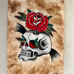 5x7 Original, Skull Rose Painting