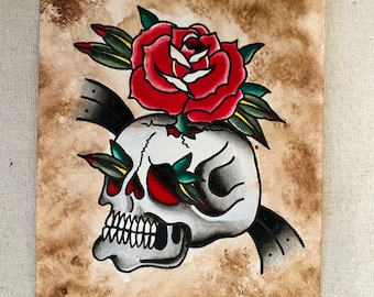 5x7 Original, Skull Rose Painting