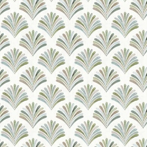 May include: A seamless pattern featuring a repeating design of stylized green, blue, and brown fan-shaped leaves on a white background.