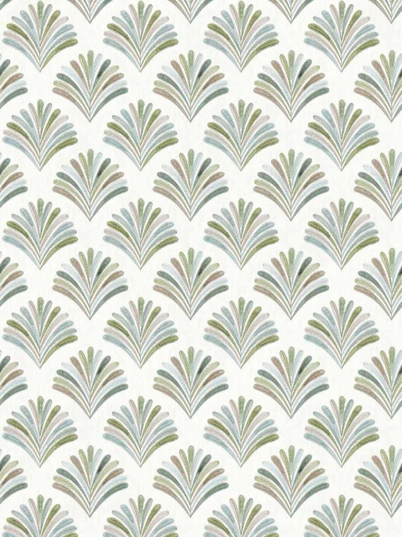 May include: A seamless pattern featuring a repeating design of stylized green, blue, and brown fan-shaped leaves on a white background.