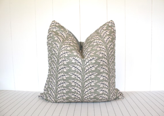 Woodcote Sage Oak Leaf Pillow Cover, Misty Olive Green Designer Cushion, Coastal Grandmother Style, ILIV Fabric, Piped Velvet Back