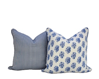 Blue poppy floral printed cushion covers, Australian made, luxury striped piping, cotton, coastal hamptons, gift for her, trendy home decor