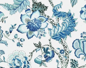 Blue Floral Jacobean Cotton Fabric | Hamptons Coastal Style, Australian Made, No Tariff for US based customers.
